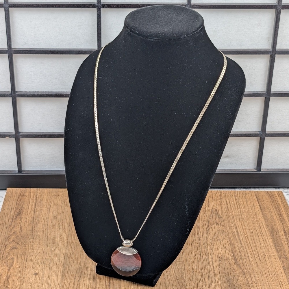 Vtg 925 Sterling Silver Banded Agate Round Pendant Silver Tone Curb Chain